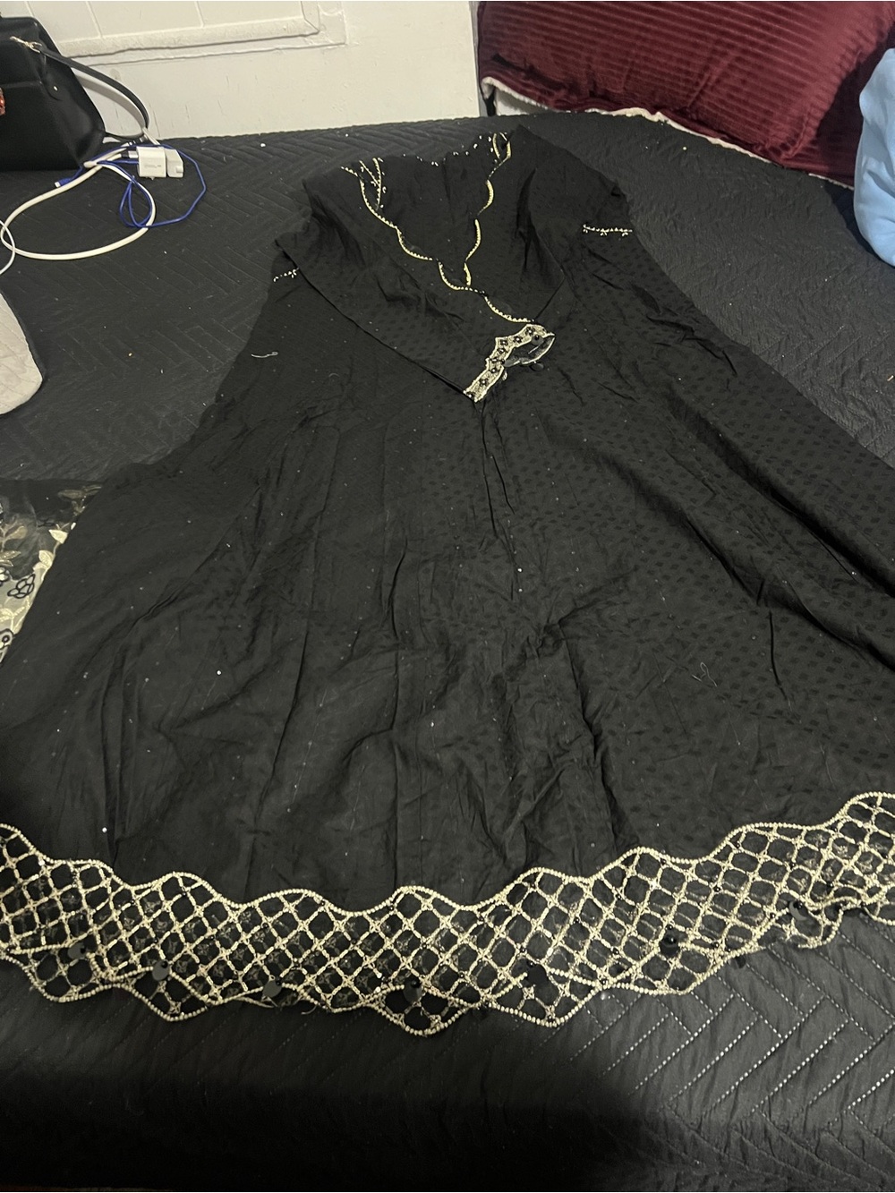 Black Maxi Dress with Gold Embroidery